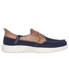 Step-in to convenient nautical comfort and cushioning wearing Skechers Hands Free Slip-ins On-the-GO Flex - Palmilla. This casual boat shoe style features a canvas and faux leather upper, our exclusive Heel Pillow , a Skechers Air-Cooled Memory Foam insole, lightweight ULTRA GO cushioning, and a hands-free molded heel panel. | Skechers Women's Slip-ins: On-the-GO Flex - Palmilla Shoes | Medium Width | Skechers Hands Free Slip-ins for an easy fit | Exclusive Heel Pillow holds your foot securely i Comfortable Boat Shoes With Cushioned Footbed, Navy Casual Sneakers With Arch Support, Sporty Slip-on Boat Shoes With Branded Insole, Navy Walking Shoes With Cushioned Footbed, Comfortable Cushioned Round Toe Boat Shoes, Sporty Low-top Sneakers For Boating, Navy Slip-on Boat Shoes For Boating, Sporty Boat Shoes With Round Toe For Boating, Sporty Round Toe Boat Shoes