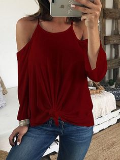 Sling Open Back Long Sleeve Off-Shoulder T-Shirt Shopvhs.com Off Shoulder T Shirt, Women's T Shirts, Plus Size Shirts, Casual Blouse, Fashion Colours, Casual Shirt, Quarter Sleeve, Cotton Style, Bell Sleeve