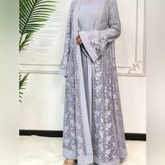 Women Morocco Muslim Dress Abaya 2 Piece Set Lace Kaftan Casual Dubai Turkey Islam Long Robe Original Price : $79.84 0000084 Elegant Gray Long Sleeve Sets, Silver Dresses For Eid, Elegant Gray Sets For Eid, Lace Abaya, Dubai Party, Muslim Dress Abaya, Eid Prayer, Hijab Bride, Mode Abaya