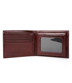 This leather wallet features:removable passcaseeight credit card slotsdivided currency wellthree ID windowsImported. Classic Trifold Wallet With Id Window, Classic Bifold Card Holder With Id Window, Formal Trifold Wallet With Id Window, Business Leather Trifold Wallet With Id Window, Leather Card Holder With Id Window For Formal Use, Formal Wallet With Id Window, Formal Wallets With Id Window, Brown Bifold Card Holder For Formal Use, Bifold Business Wallet With Rfid Blocking