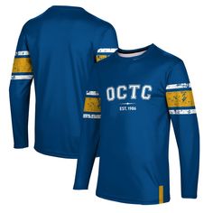 a blue and yellow long sleeved shirt with the words otc written on it