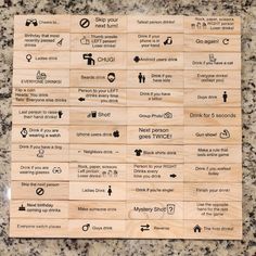 a wooden sign with different types of signs on it's sides and words written in black ink