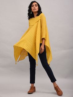 Trendroots offers the best deal for designer, Yellow Asymmetrical Cotton Top with Tassels with the highest quality and affordable price. Cotton Tops, Tassel Lace, Kimono Top, Yellow Fits, Tassels, Colored Pants, Asymmetrical Tops, Cotton Top, Best Deal