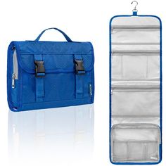 an open blue and white bag next to it's zippered pouch with two compartments