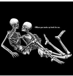 two skeletons sitting on the ground with their arms around each other