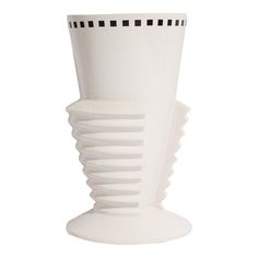 a white vase with black and white lines on the top is sitting in front of a white background