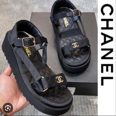 Guaranteed Authentic. Purchased Three Months Ago From Chanel Boutique In Las Vegas. I Feel Like These Are A Little On The Small Side. I Usually Wear An 8 1/2 And Technically The 39.5 Is A Size 9. Sandals 2023, Chanel Casual, Chanel Party, Shoes Chanel, Chanel Boutique, Double Strap Sandals, Chanel Sandals, Party Style, Platform Wedge Sandals