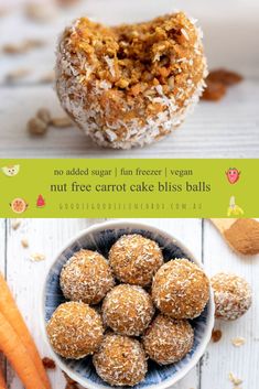 carrot cake bliss balls are in a bowl next to some carrots and other food