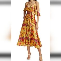 New Never Worn Color: Marigold (Mustard Yellow). Large Scale Florals In A Painterly Finish Highlight This Slinky Midi Dress. Ruffle Cold-Shoulder Sleeves. Surplice Neck. Concealed Back Zipper. Label Is Missing Pit To Pit 21.5 " Waist 18 " Length 52 " Gold V-neck Midi Dress For Spring, Gold V-neck Dress With Floral Print, Yellow Formal Maxi Dress For Summer, Gold V-neck Spring Dress, Gold V-neck Dress For Spring, Spring Gold A-line Midi Dress, Gold Knee-length Summer Dress, Spring Gold Floral Print Midi Dress, Spring Gold Midi Dress With Floral Print