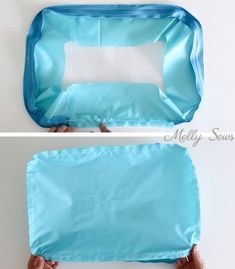 two pictures showing how to fold an empty suitcase