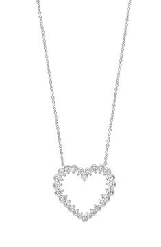 A heart-shaped pendant of 26 diamonds delivers eternal shine to this stunning necklace handcrafted from 18-karat white gold. 16" length; 2" extender; 5/8"W x 3/4"L pendant Total diamond weight: 0.65ct. Color: G Clarity: VS 18k gold/diamond Imported >Diamond Guide Certified member of the Responsible Jewellery Council (RJC), which sets standards for supply chain integrity and sustainability throughout the global jewelry and watch industries Luxury White Gold Heart Pendant Diamond Necklace, Luxury White Gold Open Heart Necklace, Elegant Heart-shaped Diamond Necklace, Elegant Open Heart Diamond Necklace With Single Cut Diamonds, Elegant Formal Diamond Necklace With Heart Charm, Elegant Single Cut Diamond Open Heart Necklace, Elegant Open Heart Single Cut Diamond Necklace, Fine Jewelry White Gold Open Heart Diamond Necklace, White Gold Open Heart Diamond Necklace Fine Jewelry