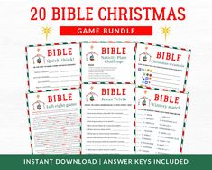 the 20 bible christmas game bundle is shown in red, green and white with text that reads