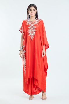 Red kaftan with contrasting floral, dori, cutdana and pearl embroidery. Comes with solid draped skirt. - Aza Fashions Red Georgette Kaftan For Festive Occasions, Festive Red Georgette Kaftan, Evening Kaftan With Resham Embroidery In Traditional Drape, Evening Kaftan With Resham Embroidery, Elegant Red Kaftan With Zari Work, Red Dabka Work Kaftan For Eid, Traditional Evening Kaftan With Traditional Drape, Red Traditional Drape Kaftan For Party, Traditional Drape Kaftan For Eid Reception