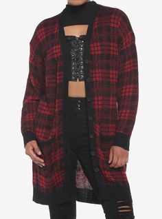 Red Plaid Jacket, Washed Hoodie, Rock And Roll Fashion, Teacher Clothes, Plaid Cardigan, Girls Cardigan, Plus Size Fits, Oversized Cardigan, Red And Black Plaid