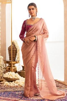 Mauve pre-draped saree with scallop embroidered border. Paired with resham, dabka, sequin, moti, crystal embellished padded blouse and stole. - Aza Fashions Draped Saree, Full Sleeve Blouse, Padded Blouse, Tissue Saree, Drape Saree, Embroidered Border, Fashion App, Full Sleeves, Designer Wear