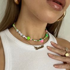 Green & Pink beaded necklace  "Juicy" letters choker 13.5" + 2" extender chain(up to 15.5") Comes in an organza gift bag Homemade Jewellery, Pink Beaded Necklace, Pig Necklace, Beads Choker, Beaded Bead, Pink Beaded, Homemade Jewelry, Colorful Jewelry, Letter Beads