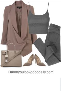 Taupe Heels Outfit, Mauve Blazer Outfits, Saint Laurent Tote Bag, Taupe Outfit, Casual Leather Jacket Outfit, 2017 Outfits, Fall Fashion Jeans, Fall Outfits 2017, Womens Casual Fashion