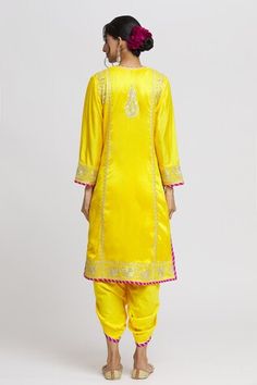 Yellow kurta with thread, gota embroidery in floral pattern. Paired with dhoti pant and dupatta. - Aza Fashions Navratri Cotton Silk Traditional Wear With Dori Work, Yellow Raw Silk Kurta With Dori Work, Slub Silk Sets With Resham Embroidery For Puja, Cotton Silk Dupatta With Gota Work For Puja, Designer Banarasi Silk Kurta With Gota Work, Banarasi Silk Straight Kurta With Gota Work, Slub Silk Traditional Wear With Dori Work For Puja, Navratri Traditional Straight Kurta With Gota Work, Banarasi Silk Kurta With Gota Work For Navratri