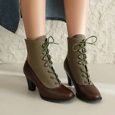 Women Victorian Pointed Toe Ankle Boots Punk Lace Up Kitten High Heel Shoes Plus Size Brogues Match Victorian Womens Boots, Green Steampunk Outfit, Modern Victorian Fashion Women, 1880s Shoes, Victorian Shoes Women, Victorian Age Aesthetic, Victorian Boots Women, Cottage Core Boots, Victorian Era Shoes