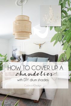 DIY cover for old chandelier hanging in eclectic boho bedroom Chandelier Cover Diy, Chandelier Diy Makeover, Drum Shade Chandelier Dining Room, Diy Light Shades Ceilings, Update Chandelier Diy Ideas, Crystal Chandelier Makeover, Updating Chandelier Diy, Chandelier Makeover Diy, Chandelier Upcycle