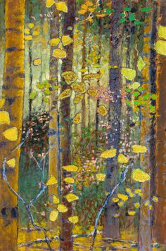 an oil painting of trees and leaves in the woods