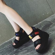 Black Slope With Sandals Thick Bottom With Sandals · Mileg · Online Store Powered by Storenvy Korean Fashion Shoes Heels, Korean Fashion Summer Casual, High Heel Sandals Platform, Korean Fashion Winter, Shoes Girl, Korean Fashion Summer, Sandals Platform, High Heel Wedges, Heels & Wedges