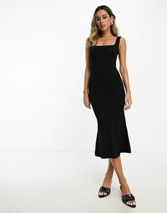 Solid Square Neck Midi Dress For Night Out, Solid Midi Dress With Square Neck For Night Out, Casual Midi Dress With Square Neck For Night Out, Sleek Sleeveless Solid Midi Dress, Solid Square Neck Midi Dress For Date Night, Square Neck Solid Midi Dress For Date Night, Black Sleek Sleeveless Midi Dress, Sleek Black Sleeveless Midi Dress, Chic Black Sleeveless Square Neck Dress