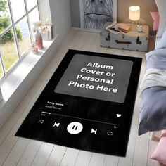 a bed room with a large rug on the floor