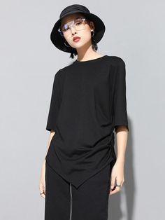 571379 Versatile Black T-shirt For Summer, Black Asymmetrical T-shirt For Spring, Trendy Asymmetrical Stretch T-shirt, Black Asymmetrical Hem Top For Spring, Black Asymmetrical Hem T-shirt For Summer, Black Summer T-shirt With Asymmetrical Hem, Versatile Black T-shirt For Layering, Versatile Black Asymmetrical Top, Versatile Asymmetrical Black Top