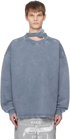 Cotton fleece sweatshirt. Subtle fading throughout. · Jacquard logo at rib knit modified crewneck · Dropped shoulders · Rib knit cuffs Supplier color: Blue acid wash Washed Blue Long Sleeve Sweatshirt With Ribbed Cuffs, Blue Distressed Crew Neck Sweatshirt, Faded Crew Neck Sweatshirt For Winter, Faded Long Sleeve Sweatshirt With Ribbed Cuffs, Washed Blue Crew Neck Sweatshirt For Winter, Blue Distressed Relaxed Fit Sweatshirt, Blue Distressed Sweatshirt Relaxed Fit, Distressed Blue Sweatshirt For Streetwear, Faded Crew Neck Sweatshirt For Streetwear