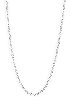 White 14-karat gold gives an icy look to this minimalist chain necklace. 17" length 14k gold Handmade in Canada Minimalist Charm Necklace With Cable Chain, Silver Fine Jewelry Charm Necklace With Cable Chain, Fine Jewelry Silver Charm Necklace With Cable Chain, Fine Jewelry Silver Charm Necklaces With Cable Chain, Sterling Silver Cable Chain Necklace In Yellow Gold, Yellow Gold Sterling Silver Cable Chain Necklace, Elegant Silver Solitaire Necklace With Cable Chain, White Gold Charm Necklace With Cable Chain, Sterling Silver Solitaire Necklace With Cable Chain Gift