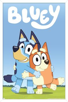 two cartoon dogs hugging each other with the word bluey above them