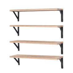 three wooden shelves with black metal brackets on the sides and one shelf has two open ends