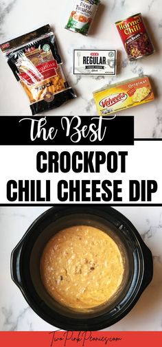 Image with text overlay that says the beset crockpot chili cheese dip. On top is an image of the ingredients and below is the dip prepared in a crockpot. Crockpot Taco Cheese Dip, Chip Dips Crockpot, Bean And Cheese Dip Crockpot, Appetizer Recipes Easy Crockpot, Easy Slow Cooker Dips For A Party, Easy Crockpot Recipes Dips, Quick And Easy Crockpot Dips, Chili Cheese Dip Crockpot Velveeta, Chili Velveeta Cheese Dip