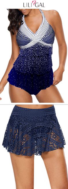 Great recommended polka dot print navy blue tankini swimsuit and lace panel swimwear pantskirt for women, cute and comfy, you must try on beach vacation. Click and find the 2019 swimsuit trends in Liligal. #liligal #swimwear #swimsuit Crochet Dress For Women, Navy Blue Swimwear, Blue Tankini, Blue Swimwear, Tankini Swimsuit, Summer Attire, Boho Chic Outfits, One Piece Swimsuits