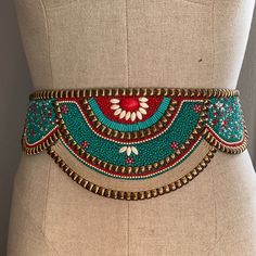 This Beaded Waist Belt Is Brand New With Tags And Never Worn! The Belt Features Impeccable Beating That Is Blue And Red In Color With Gold Accents. The Way You Spell Itself Has Two Adjustable Options. My Waist Fluctuates Between 26 And 28 Inches And This Belt It’s Fine On The Tightest Option. Fabric Belt Design, Waist Beads Ideas, Mermaid Belt, Beaded Waist Belt, Beaded Belts Patterns, Textiles Ideas, Bead Belt, Cowgirl Vibes, Belt Collection