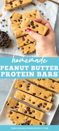 chocolate chip peanut butter protein bars on a white plate with text overlay that reads homemade peanut butter protein bars