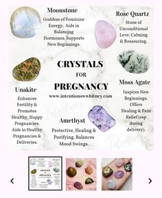 the crystals for pregnants info sheet is shown in white and black, with different types of rocks on it