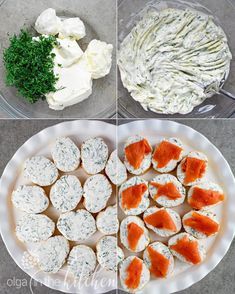 four pictures showing how to make smoked salmon bites with cream cheese and dill pickles