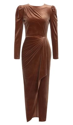 LONG SLEEVE VELVET MIDI DRESS IN BROWN Uzun Boy, Celebrity Inspired Dresses, Crushed Velvet Fabric, Timeless Glamour, Dress Weights, Velvet Midi Dress, Plus Size Shopping, Long Sleeve Midi, Fitted Silhouette