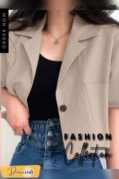 Solid Button Front Pocket Lapel Half Sleeve Casual Blazer Half Blazer Women, Beige Single-breasted Button-up Top, Collared Summer Outerwear With Button Closure, Summer Collared Outerwear With Button Closure, Summer Business Casual Button-up Outerwear, Trendy Summer Business Casual Outerwear, Casual Single Button Summer Outerwear, Beige Collared Single-breasted Top, Single Breasted Tops For Business Casual Spring