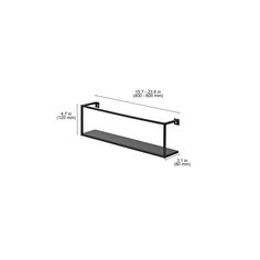 a black shelf is shown with measurements for it