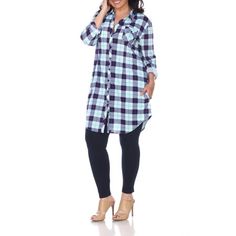 Our button-front tunic is soft and light and has an allover yarn-dyed stretchy knit plaid pattern. Long sleeves with buttoned cuffs roll and tab to 3/4 length. Size: 3X.  Color: Gray.  Gender: female.  Age Group: adult. Plus Size Plaid, Tunics Online, Plaid Tunic, Women Tunic Tops, White Mark, Womens Tunics, Fit And Flare Dress, Fashion Tees, Plaid Pattern