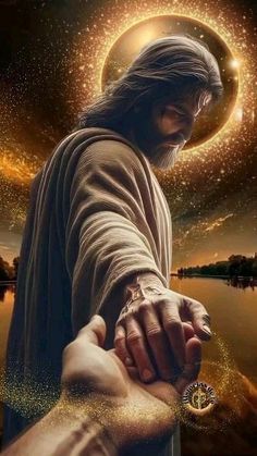 a painting of jesus holding the hand of another person with stars in the sky above