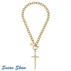 Elongated Cross NecklaceSusan's latest cross design is an elongated, handmade depiction symbolizing far reaching love. • 16 inches + 3 inch extender chain• Triple plated 24K gold• Handmade in San Antonio, TX Susan Shaw, Toggle Necklace, Starfish Necklace, Gold Cross Necklace, Best Fragrances, Cross Design, 24kt Gold, Cross Designs, Gold Cross