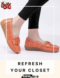 Women's Comfy Breathable Hollow Out Flat Loafers Leather Shoes Orange Round Toe Loafers For Spring, Orange Loafers With Round Toe For Spring, Spring Orange Loafers With Round Toe, Spring Orange Round Toe Loafers, Orange Slip-on Flats For Spring, Flat Loafers, Loafer Shoes Women, Leather Loafer Shoes, Chic Woman