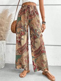 Digital Print High Waist Wide Leg Pants Ethnic Style Women's Clothing Elastic Bands Boho Pants Loose Casual Pants Beach Pants Casual Chique, Printed Wide Leg Pants, Boho Pants, Ethnic Print, Pantalon Large, Loose Pants, Lace Ruffle, Ely, Type Of Pants