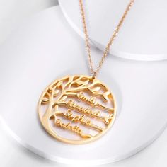 Family Tree Name Necklace is the iconic member of any household that is filled with love and affection. This family name necklace is one of our elite personalized name necklaces, designs specifically on the custom name necklace platform. It is truly a tree of life filled with the names of your loved ones. A family name necklace is a remarkable gift that enlightens the day of the ones who live close to your soul. NECKLACE DESCRIPTION: Style: Casual/Smart Casual Chain Type: Link Chain Material: St Name Necklace For Anniversary Gift, Yellow Gold Necklaces With Names For Mom, Yellow Gold Name Necklace As Gift For Mom, Classic Name Necklaces For Mother's Day, Elegant Personalized Necklaces For Father's Day, Customized Necklaces For Father's Day Anniversary, Elegant Name Necklace For Father's Day, Father's Day Round Pendant Necklace, Classic Personalized Necklace For Mom