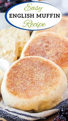 easy english muffin recipe on a plate with berries and blueberries in the background