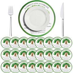 a set of twelve dinner plates with forks and spoons